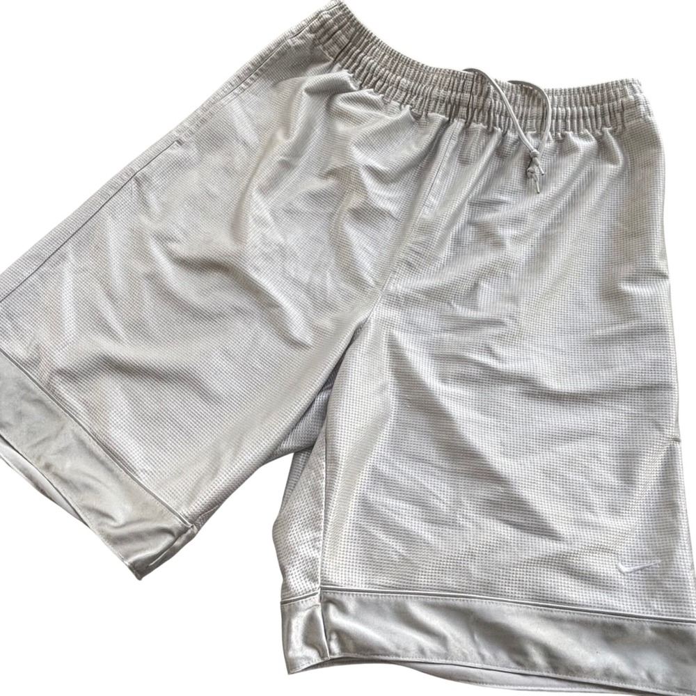 VINTAGE Nike Shorts Mens Medium Gray Silver Shiny Silky Dazzle Basketball Baggy